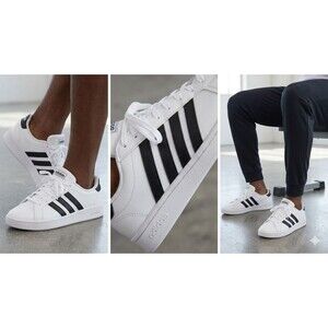 Adidas Mens Size 8 Grand Court White Black Sneakers Casual Classic 3‑Stripe